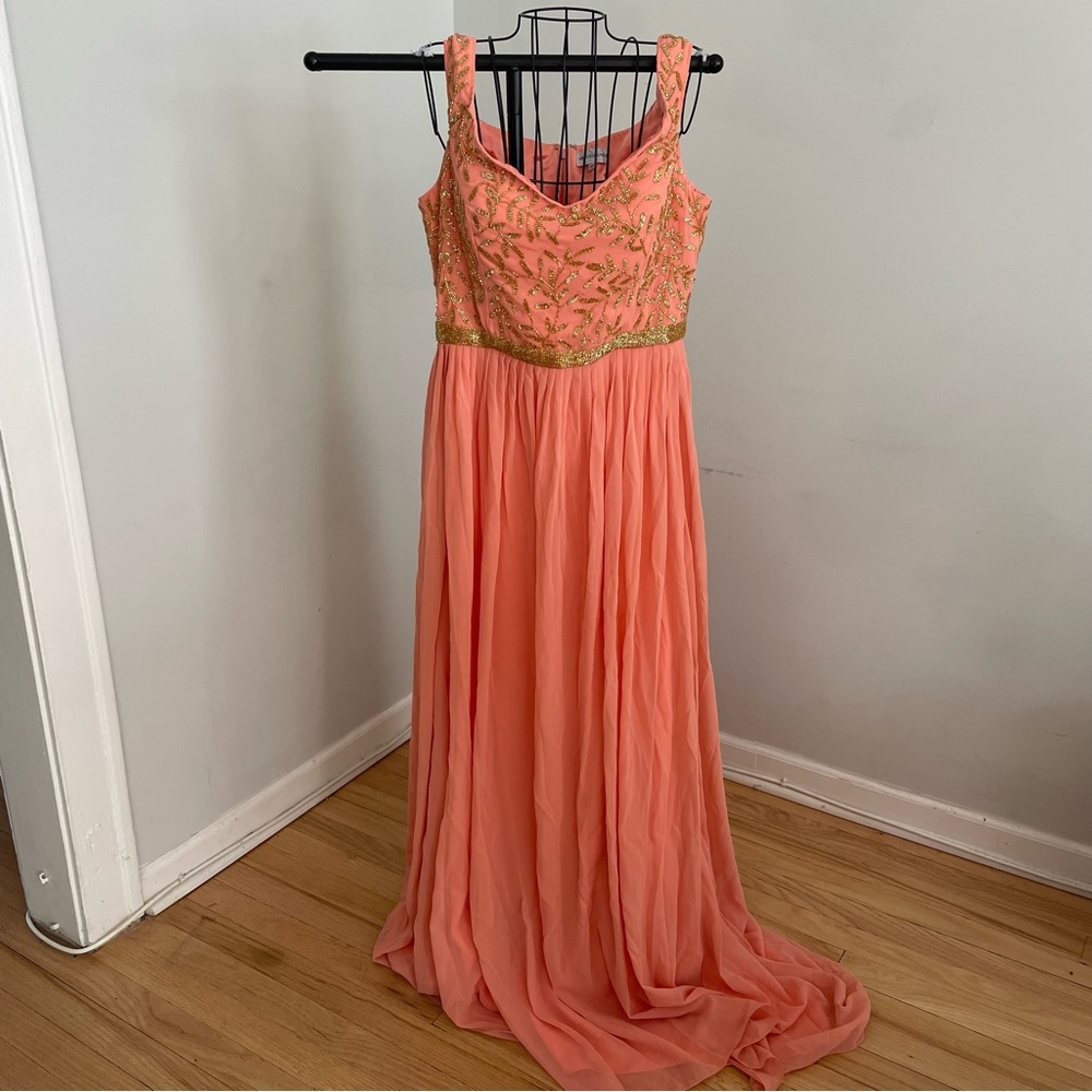 Chic Coral and Gold Evening Dress - Picture 2 of 6